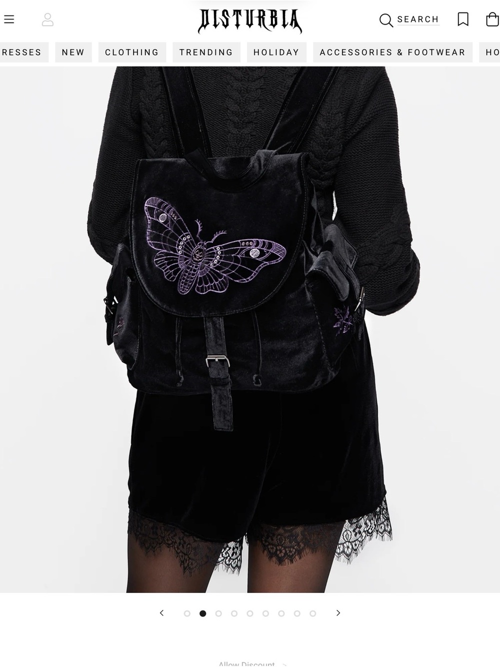 Disturbia Black Velvet Backpack with Lilac Moth / Butterfly Embroidery - Picture 5 of 15